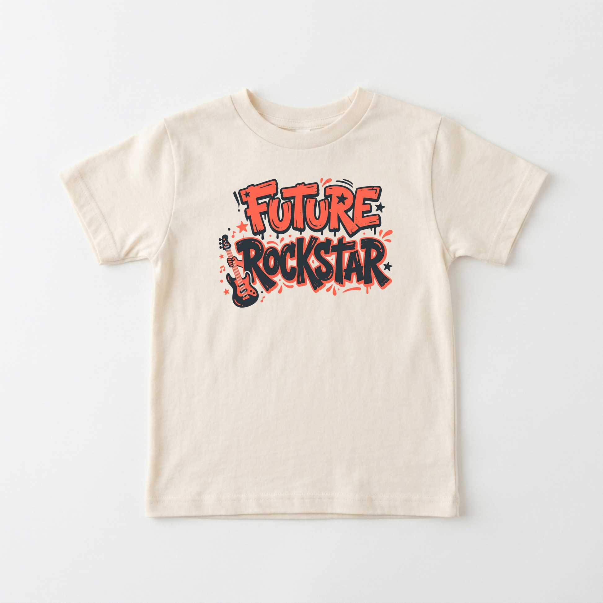 A cream-colored short-sleeve t-shirt with a colorful graphic on the chest that reads 'FUTURE ROCKSTAR' in red, orange, and black graffiti-style lettering, displayed flat against a light gray background.