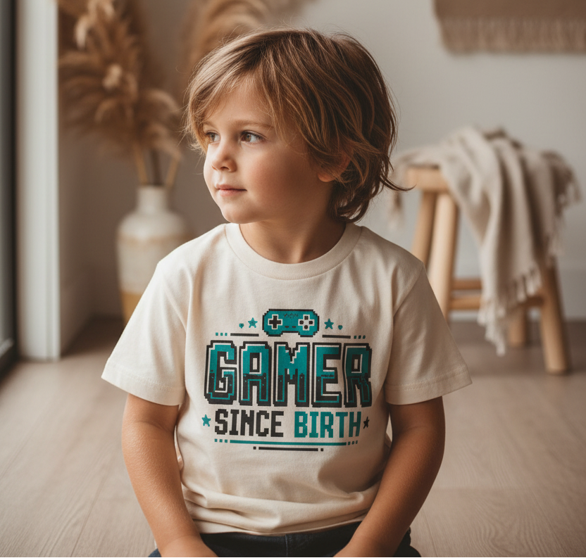 A young boy with light brown hair sits indoors wearing a cream-colored t-shirt with a teal and dark green graphic that reads 'GAMER SINCE BIRTH'. The background features a warm, neutral boho-style room with a macrame wall hanging, dried pampas grass, and a wooden stool.