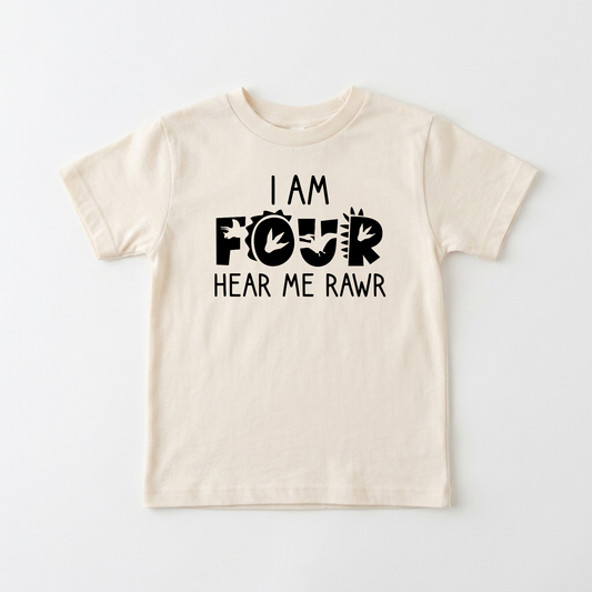 I Am Four Hear Me Rawr Kids Shirt β Dinosaur 4th Birthday Tee