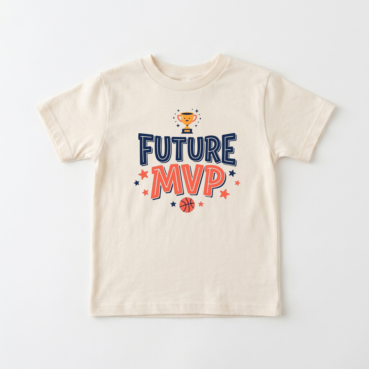A cream-colored short-sleeve t-shirt with a 'FUTURE MVP' graphic on the chest, featuring a gold trophy, blue and orange lettering, and small stars and a basketball, displayed on a clean white background.
