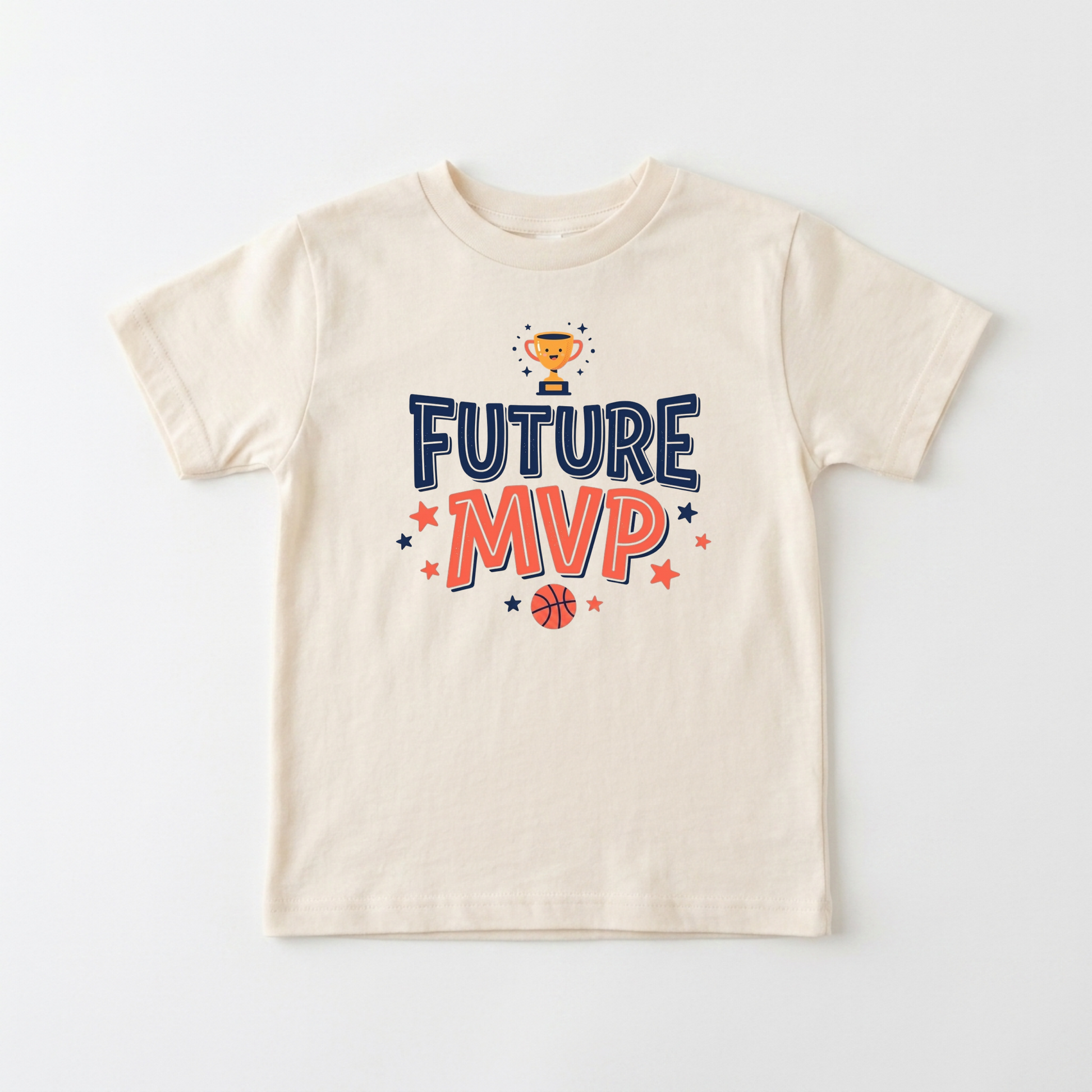 A cream-colored short-sleeve t-shirt with a 'FUTURE MVP' graphic on the chest, featuring a gold trophy, blue and orange lettering, and small stars and a basketball, displayed on a clean white background.