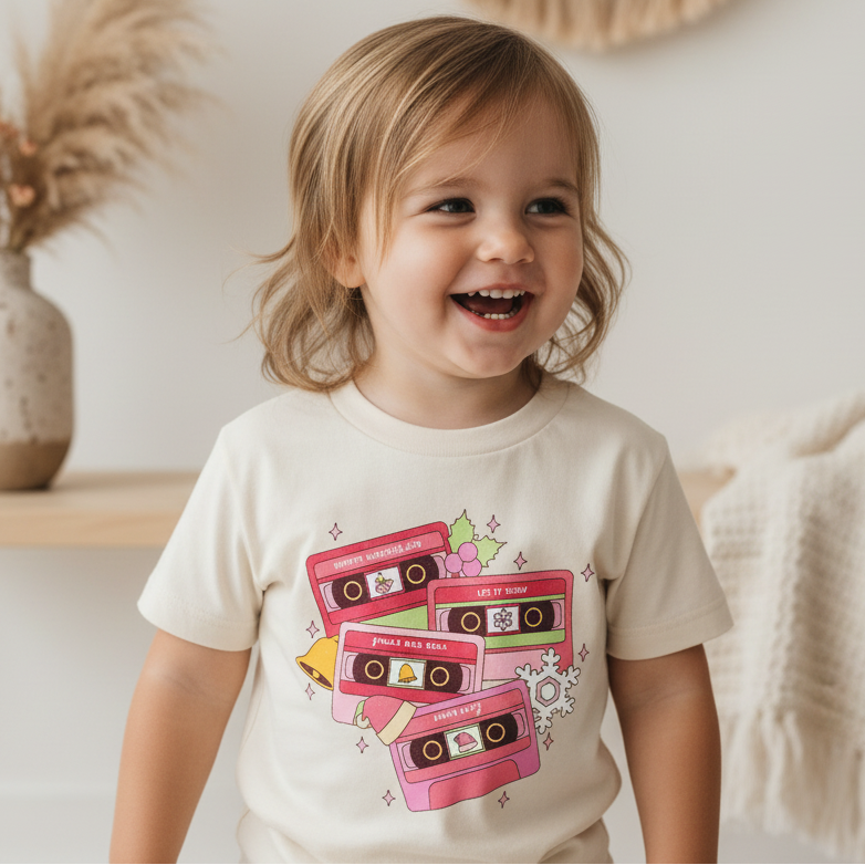 Retro Christmas Cassette Tee – Toddler Holiday Shirt