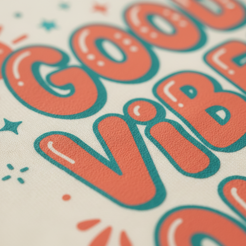 A close-up of a textured print featuring retro-style orange bubble letters outlined in teal, reading 'Good Vibes' on a warm off-white background with small teal star accents.