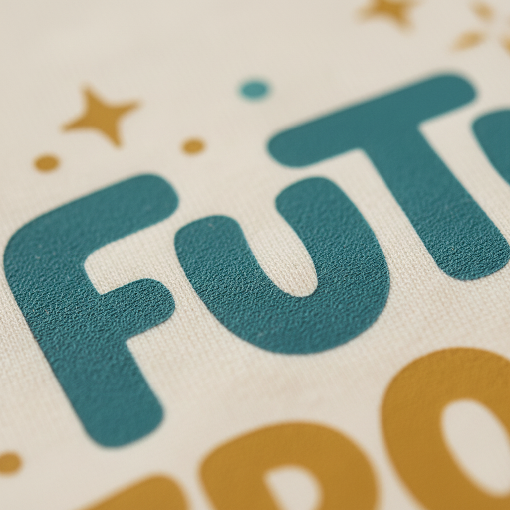 Close-up of a printed textile or fabric surface with large teal letters reading "FUT" and mustard yellow stars and dots on a warm off-white background.