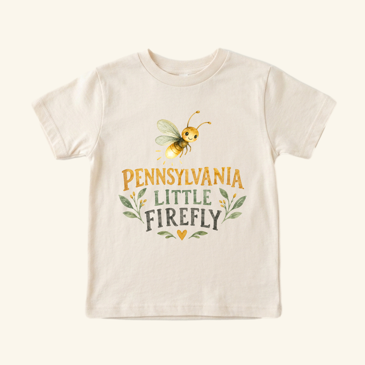 Pennsylvania Toddler Shirt – Little Firefly Watercolor Tee featuring a short-sleeve t-shirt with a watercolor firefly illustration and the text Pennsylvania Little Firefly.