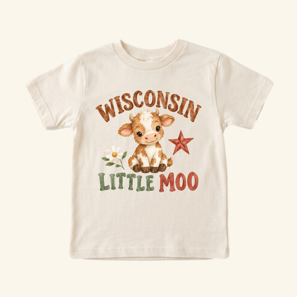 Wisconsin Toddler Shirt – Little Moo Baby Cow Tee featuring a graphic of a baby cow, a daisy, and a red star with the text WISCONSIN and LITTLE MOO.