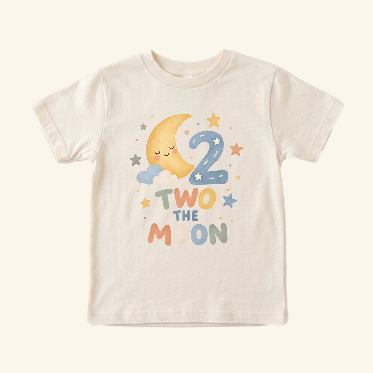 Light-colored Toodleroos Two the Moon 2nd Birthday Toddler Shirt – Watercolor Moon Tee featuring a sleeping crescent moon, the number 2, and whimsical stars and clouds.