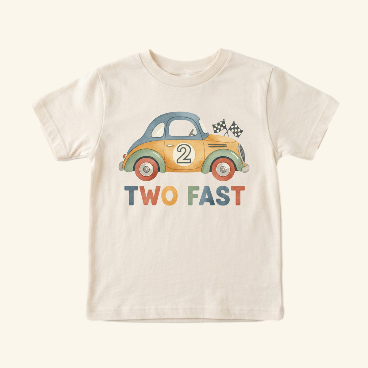 Two Fast 2nd Birthday Toddler Shirt – Retro Car Short-Sleeve Tee featuring a vintage car graphic with the number two, checkered flags, and the text TWO FAST.