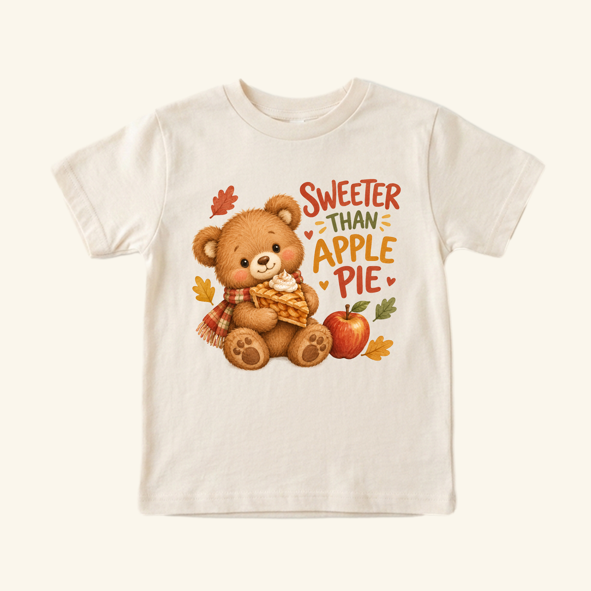 Cream-colored Sweeter Than Apple Pie Toddler Shirt – Fall Bear Short-Sleeve Tee featuring a graphic of a teddy bear eating a slice of apple pie with the text Sweeter Than Apple Pie.