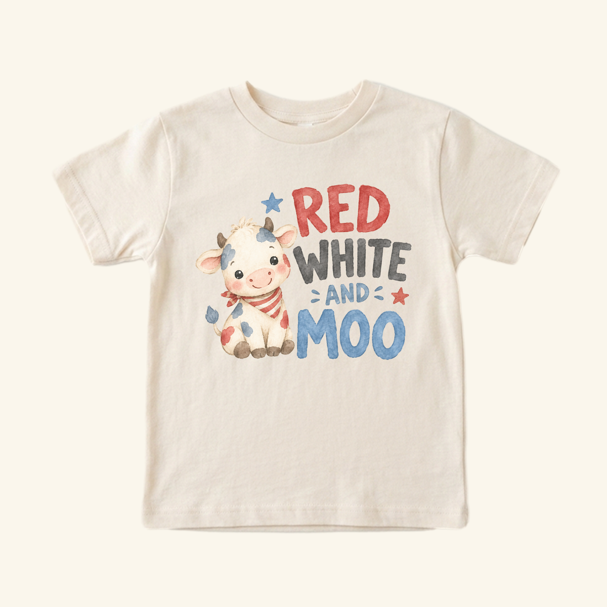 Red White and Moo Toddler Shirt featuring a short-sleeved cream tee with a cartoon cow wearing a patriotic scarf.