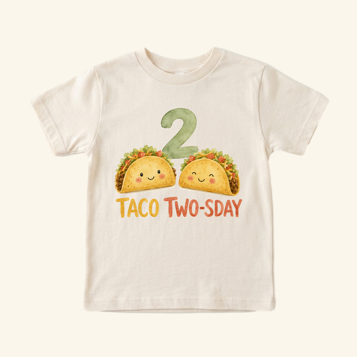 Toodleroos Taco Two-sday 2nd Birthday Toddler Shirt featuring two smiling cartoon tacos and a large number two.