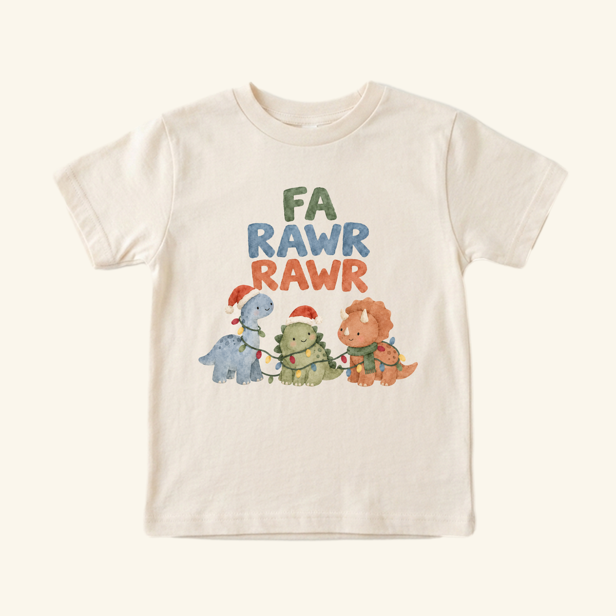 Fa Rawr Rawr Toddler Shirt featuring three cartoon dinosaurs wearing Santa hats and tangled in Christmas lights, with the text FA RAWR RAWR above them.