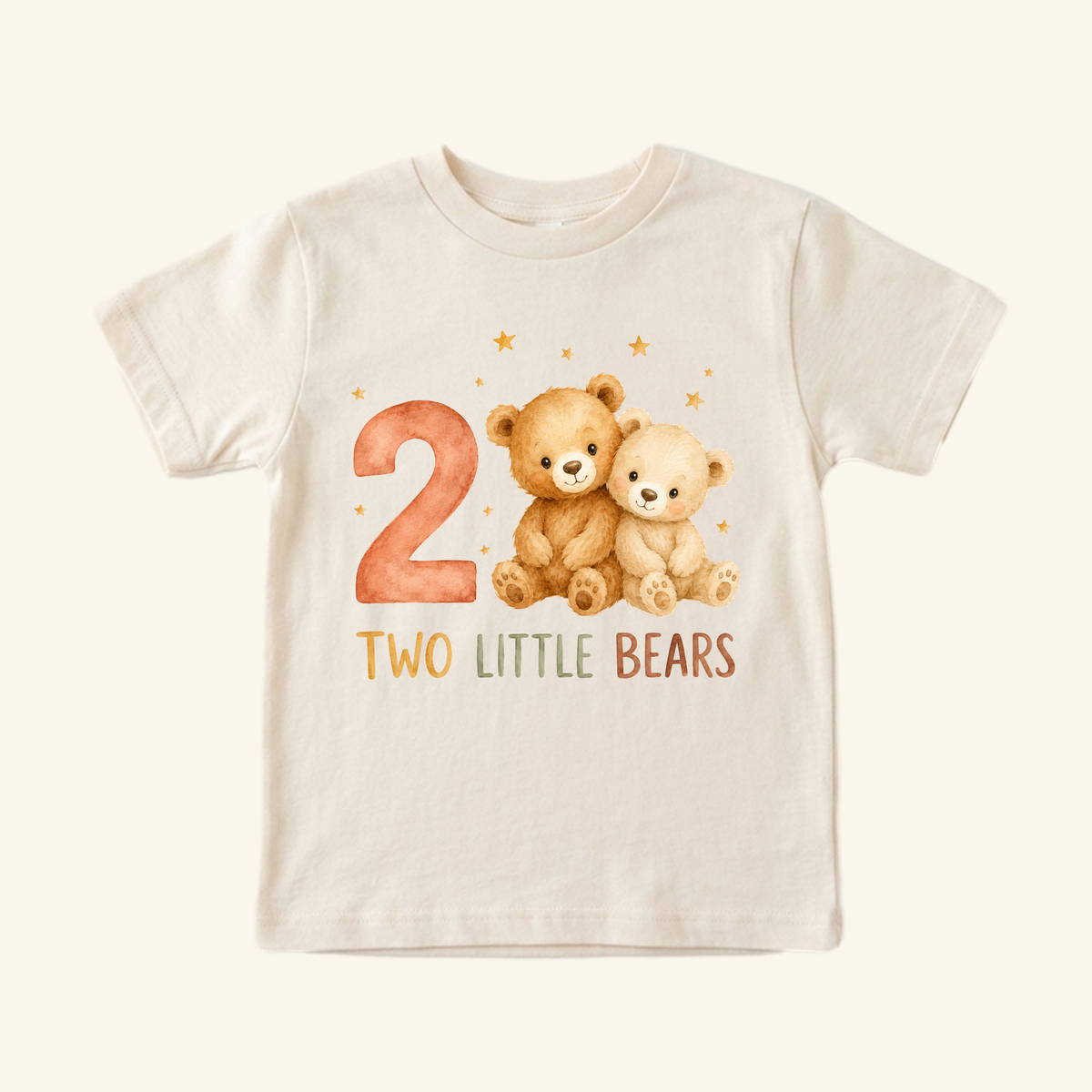 Toodleroos Two Little Bears 2nd Birthday Toddler Shirt featuring a watercolor graphic of the number two, two small bears, scattered stars, and the text TWO LITTLE BEARS.