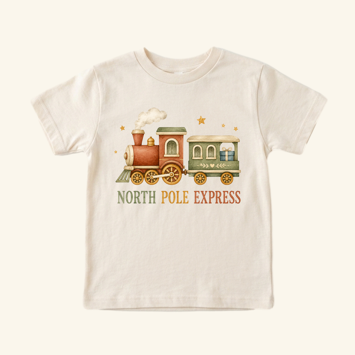 Cream-colored North Pole Express Toddler Shirt – Vintage Christmas Train Tee featuring a vintage steam train graphic with the text North Pole Express below it.