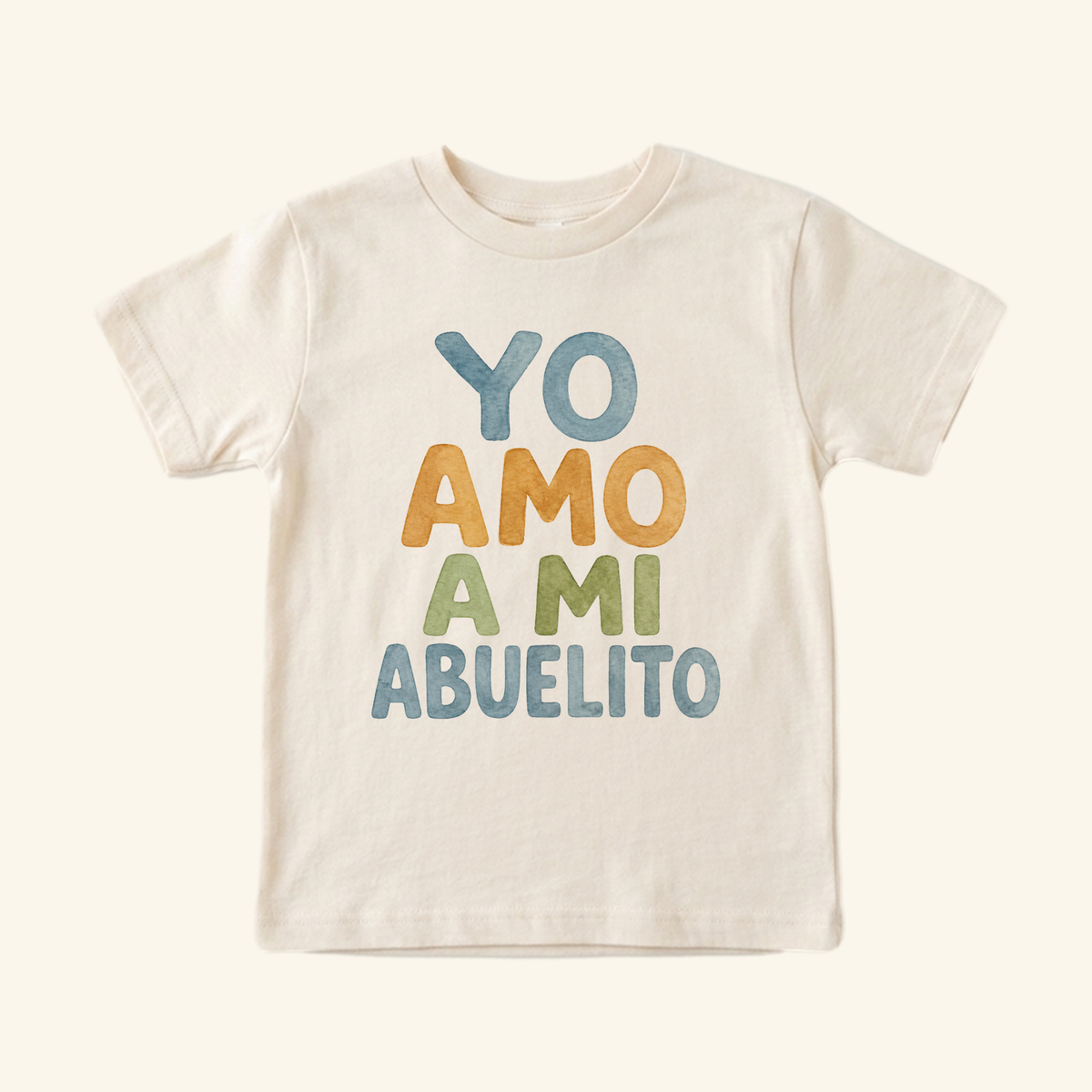 Off-white Toodleroos Yo Amo A Mi Abuelito Toddler Shirt – Spanish Grandpa Tee featuring multicolored, watercolor-style lettering.