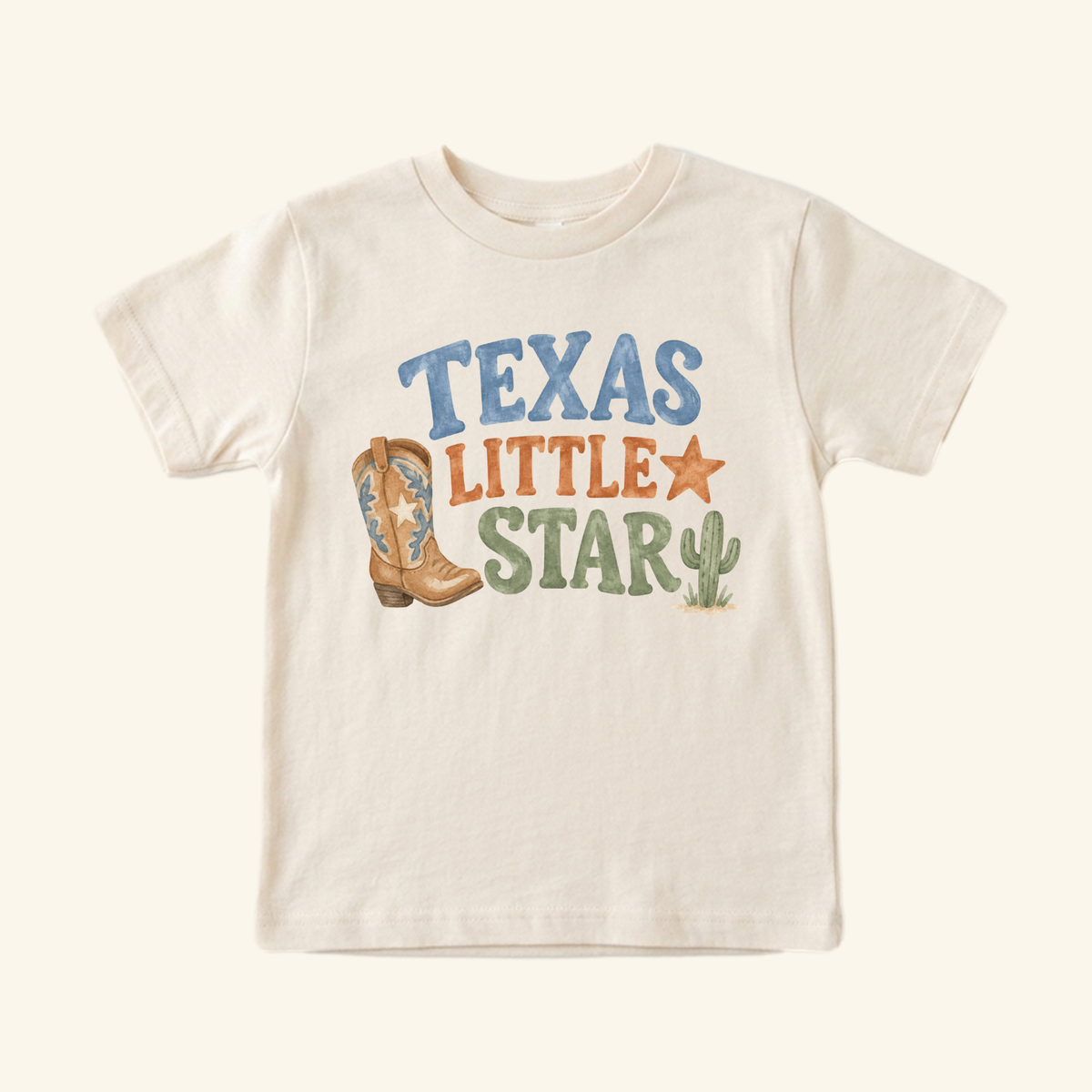 Texas Toddler Shirt – Little Star Cowboy Boot Western Tee featuring a watercolor graphic of a cowboy boot, a star, a cactus, and the text TEXAS LITTLE STAR.