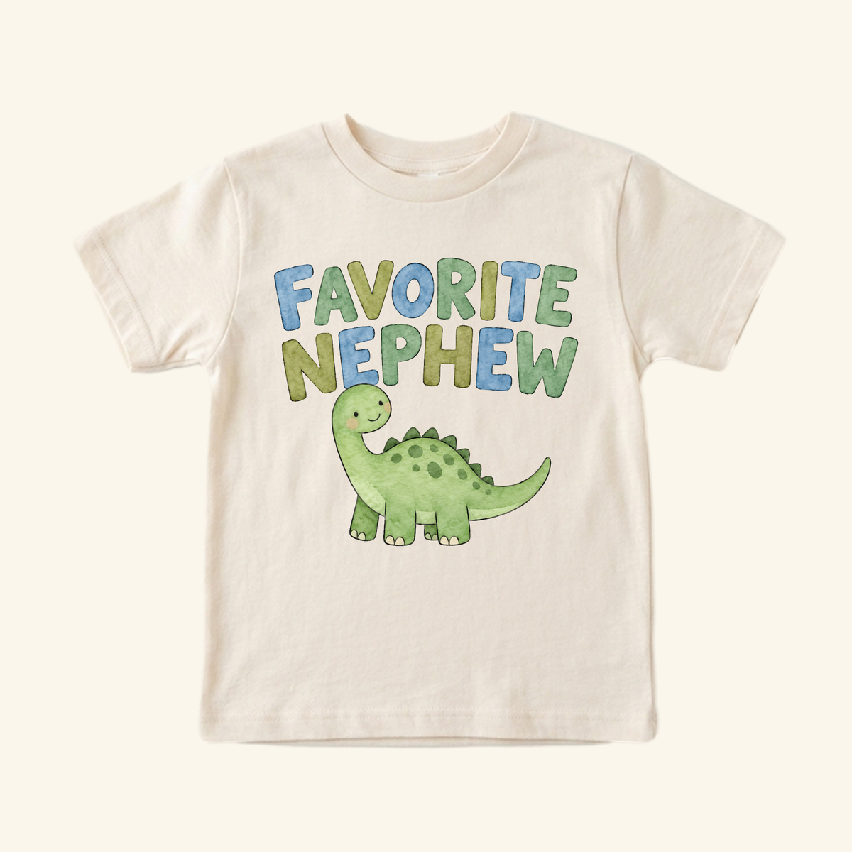 Cream toddler t-shirt, the Favorite Nephew Toddler Shirt – Cute Dinosaur Aunt & Uncle Gift Tee, featuring a watercolor illustration of a green dinosaur and the text FAVORITE NEPHEW.