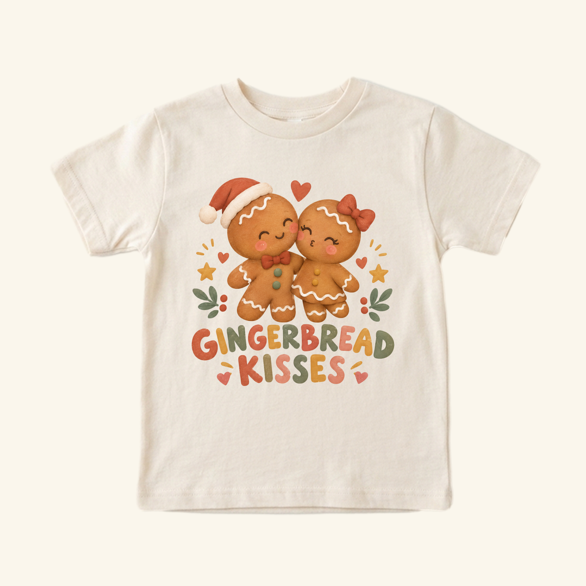 Gingerbread Kisses Toddler Shirt – Cute Christmas Gingerbread Couple Tee featuring two gingerbread characters kissing with the text Gingerbread Kisses below them.