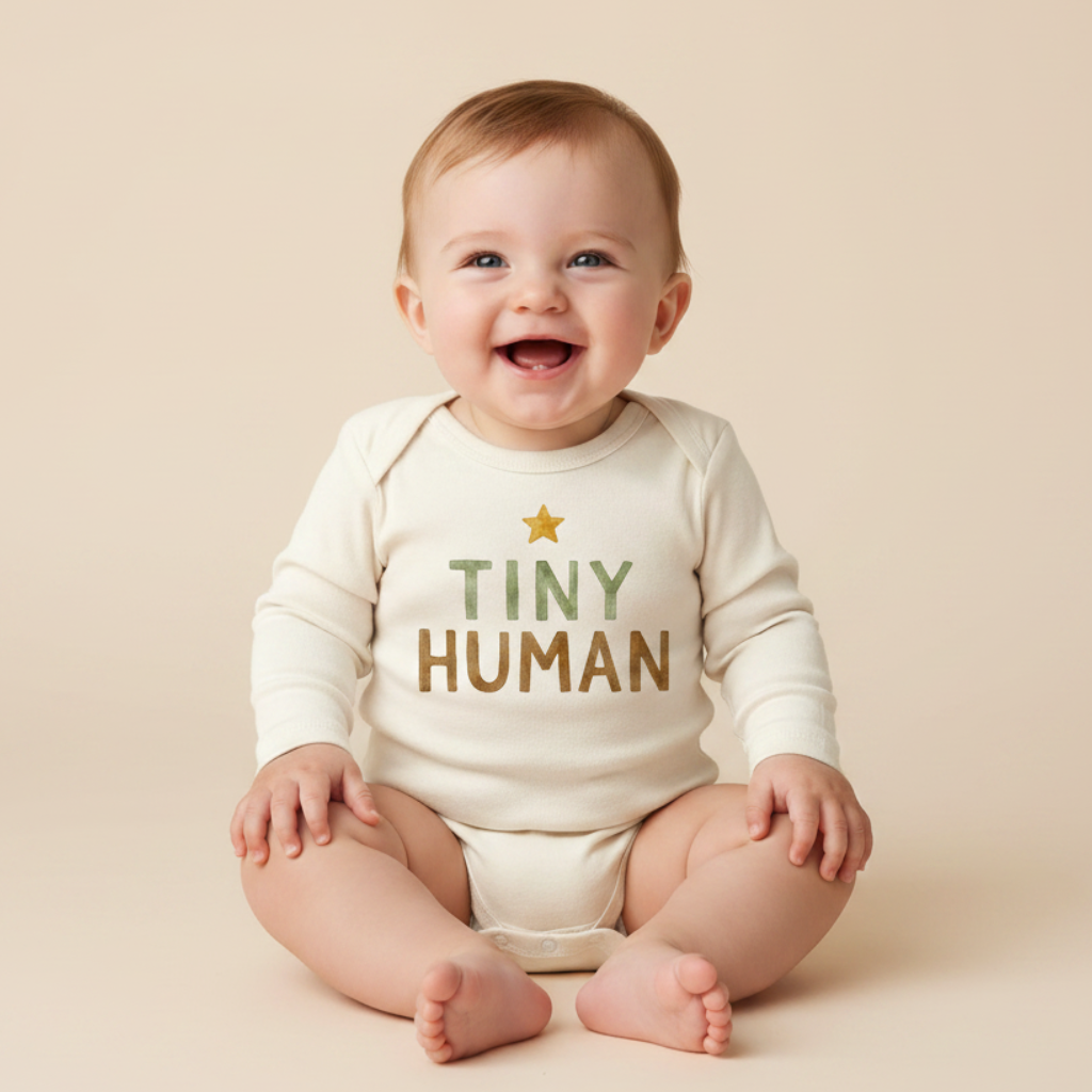 A happy baby sits against a light beige background wearing the Toodleroos Gender-Neutral Long-Sleeve Baby Onesie, featuring a “Tiny Human” graphic and gold star on the front.