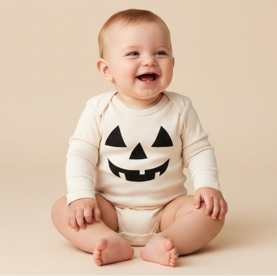 Long-Sleeve Jack-O-Lantern Baby Onesie – Halloween Pumpkin Bodysuit