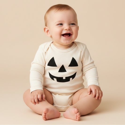 Long-Sleeve Jack-O-Lantern Baby Onesie – Halloween Pumpkin Bodysuit