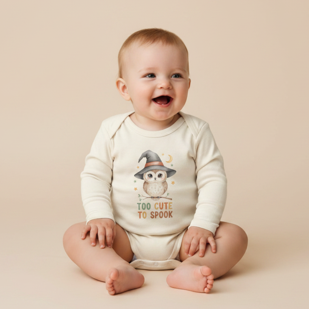 A smiling baby sits on the floor wearing the Toodleroos Long-Sleeve Halloween Baby Onesie – Too Cute to Spook Owl Bodysuit, a cream-colored outfit featuring an owl in a witch hat and the phrase “Too Cute To Spook” printed on the front. The background is plain beige.
