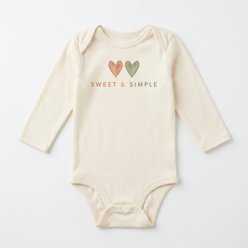 The Toodleroos Gender-Neutral Long-Sleeve Baby Onesie – Sweet & Simple Heart Bodysuit features a soft cream color and two adorable hearts—one peach, one green—with “SWEET & SIMPLE” printed below on the chest. This cozy baby bodysuit makes a perfect baby shower gift.
