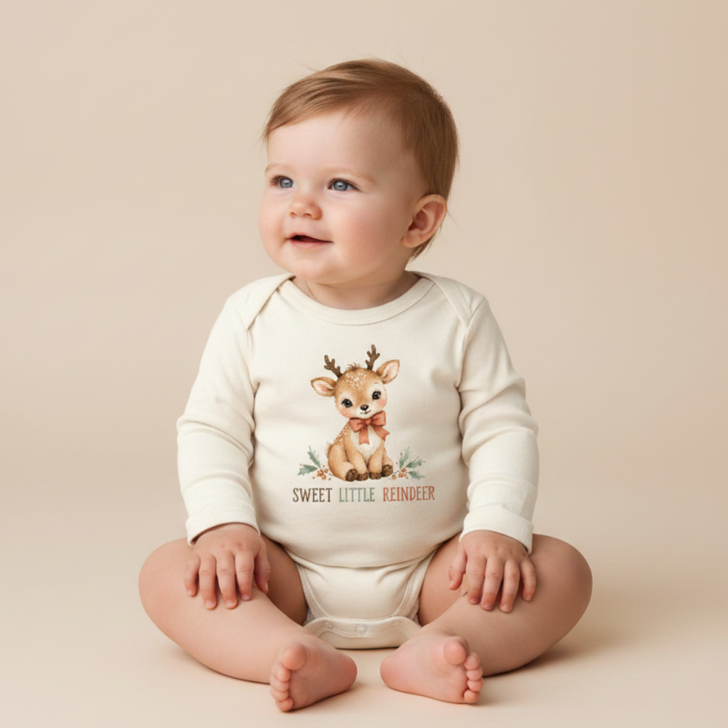 Long-Sleeve Christmas Reindeer Baby Onesie – Sweet Little Reindeer Bodysuit