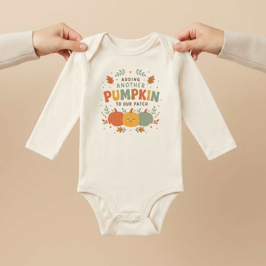 Two hands hold the Toodleroos Long-Sleeve Fall Pregnancy Announcement Onesie – Adding Another Pumpkin, featuring a cream color and charming pumpkin and leaf illustrations with the words “Adding another pumpkin to our patch” on the front, making it the perfect autumn pregnancy reveal outfit.
