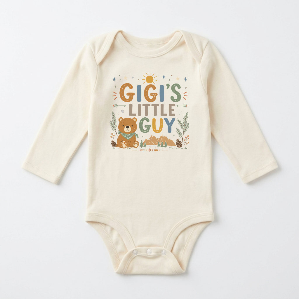 Long-Sleeve Gigi Baby Onesie – Gigi’s Little Guy Woodland Bear Bodysuit