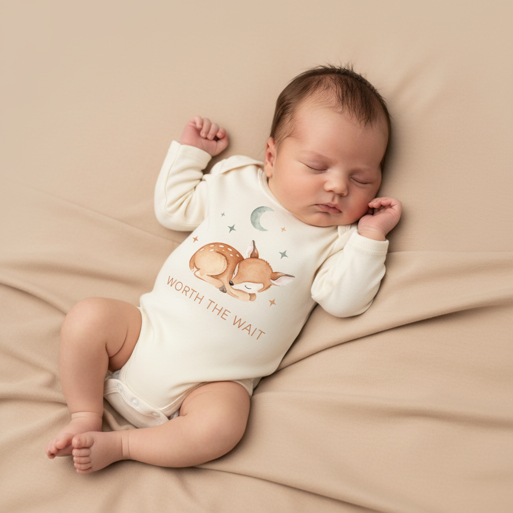 Long-Sleeve Woodland Baby Onesie – Worth the Wait Sleeping Deer Bodysuit