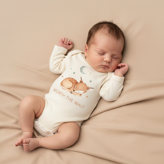 Long-Sleeve Woodland Baby Onesie – Worth the Wait Sleeping Deer Bodysuit