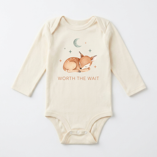 Long-Sleeve Woodland Baby Onesie – Worth the Wait Sleeping Deer Bodysuit