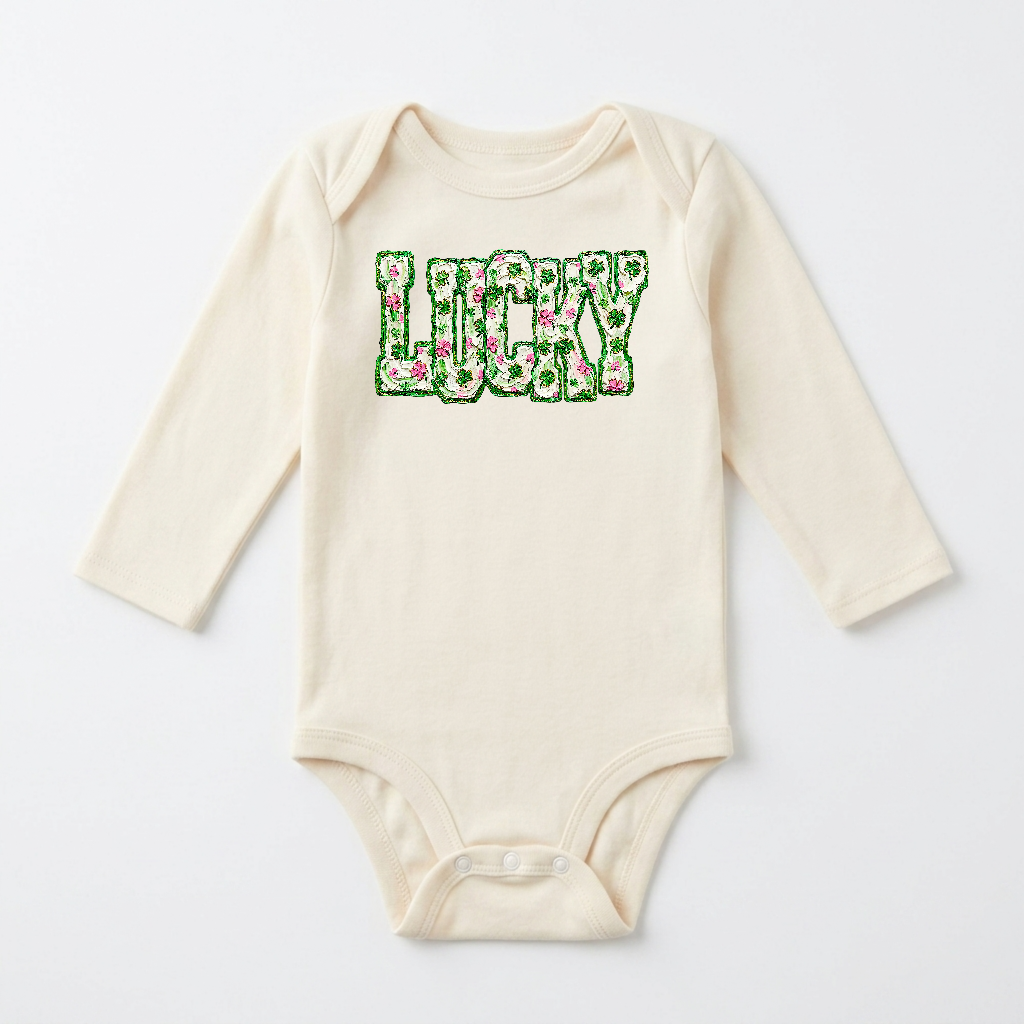 Long-Sleeve St. Patrick’s Day Baby Onesie – Lucky Floral Clover Bodysuit