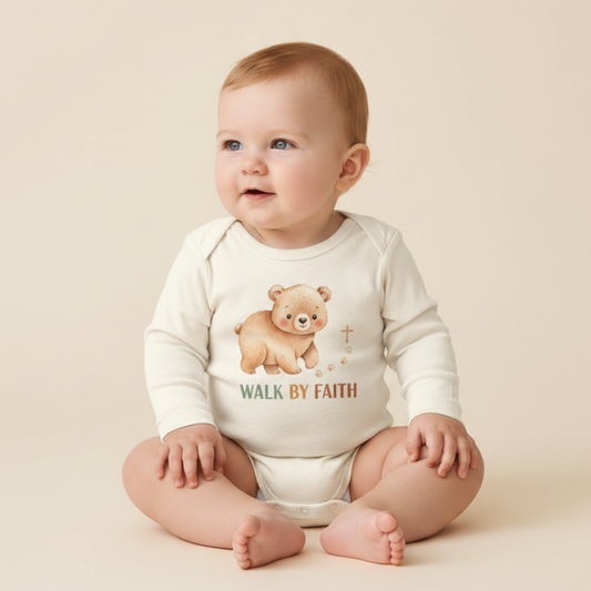 Long-Sleeve Christian Baby Onesie – Walk by Faith Bear Bodysuit