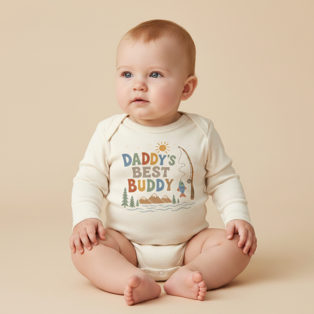 A baby sits on a beige background wearing the Toodleroos Long-Sleeve Baby Boy Fishing Onesie – Daddy’s Best Buddy Bodysuit in cream. The onesie is decorated with charming illustrations of trees, mountains, a sun, and a fishing pole with a fish, along with the words “Daddy’s Best Buddy.”.