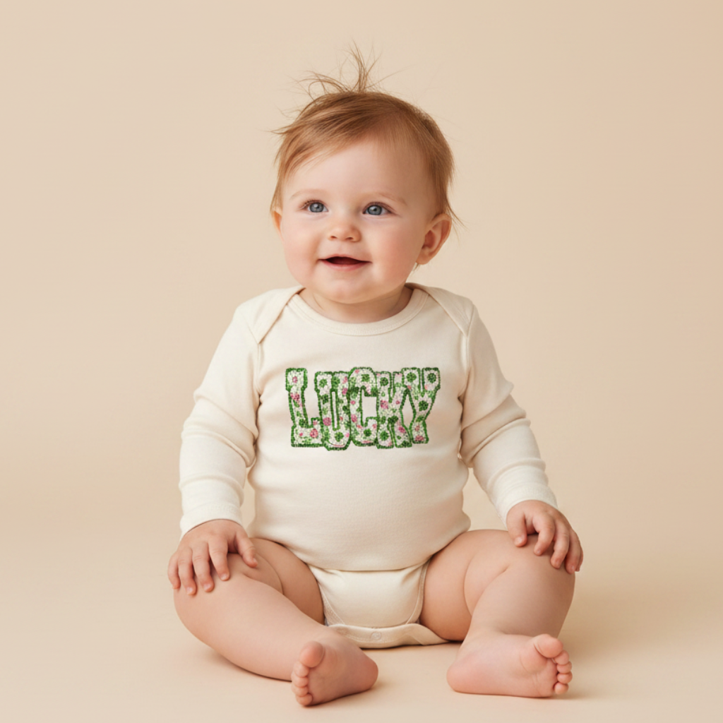 Long-Sleeve St. Patrick’s Day Baby Onesie – Lucky Floral Clover Bodysuit