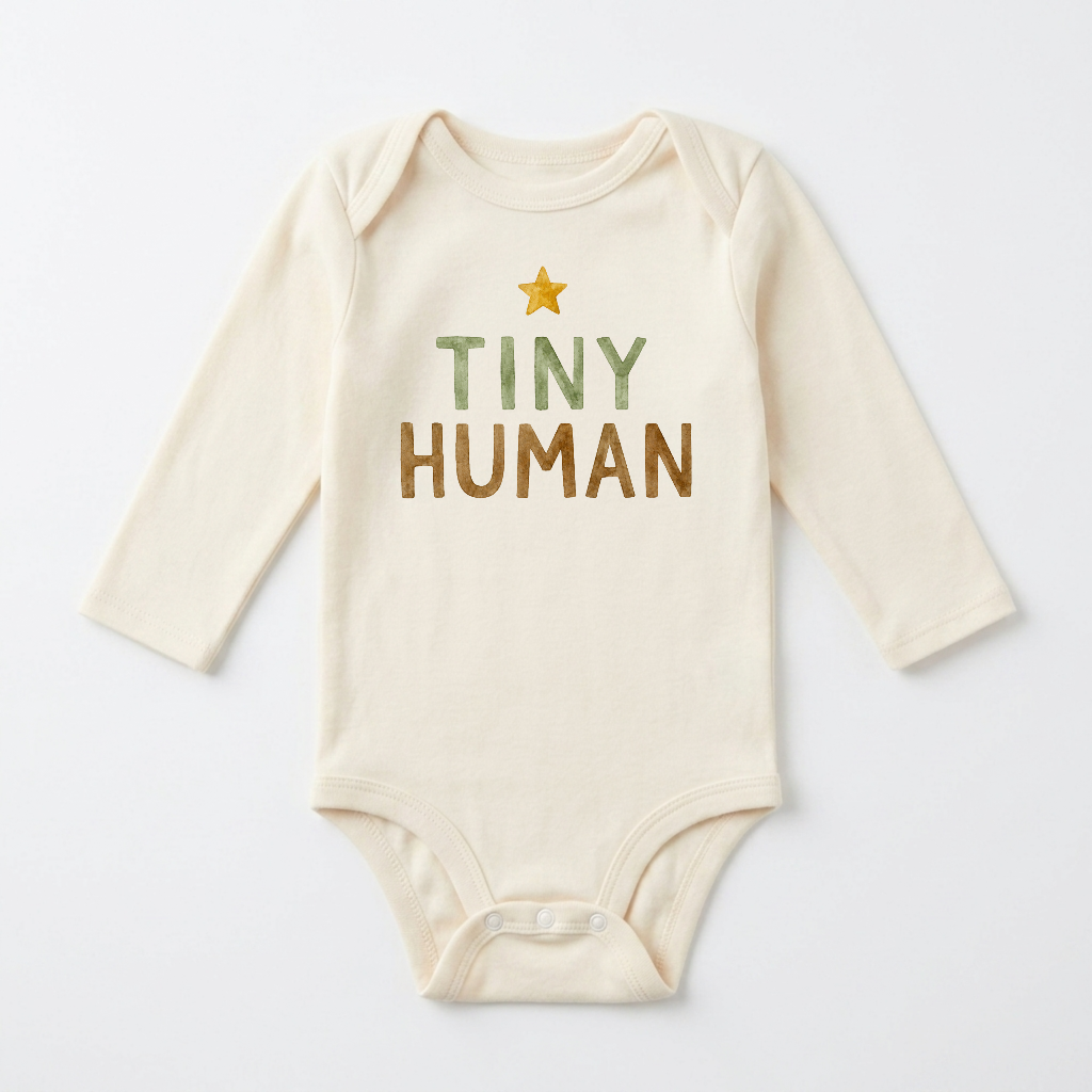 The Toodleroos Gender-Neutral Long-Sleeve Baby Onesie – Tiny Human Graphic Bodysuit is a cream-colored baby suit with long sleeves, showcasing “TINY HUMAN” in green and brown text plus a small yellow star above the lettering—a perfect minimalist choice for any little one.