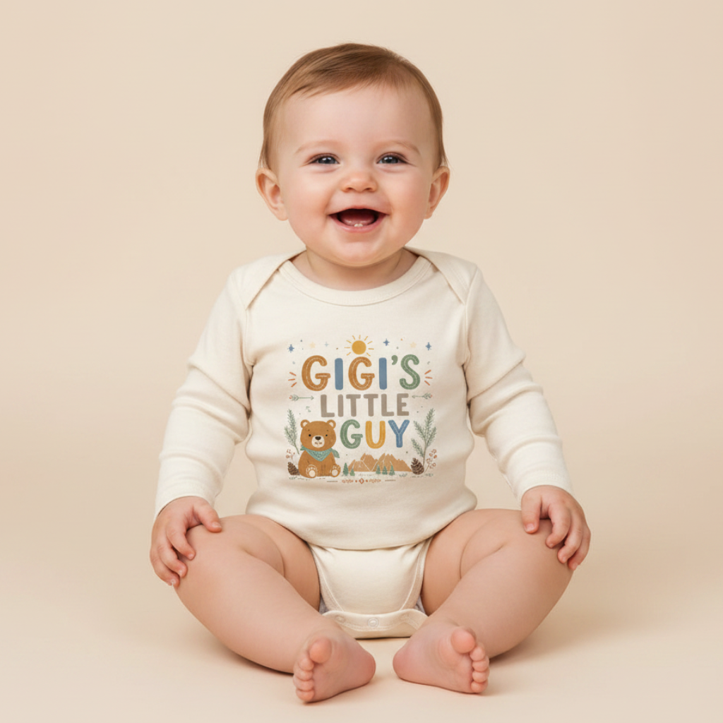Long-Sleeve Gigi Baby Onesie – Gigi’s Little Guy Woodland Bear Bodysuit