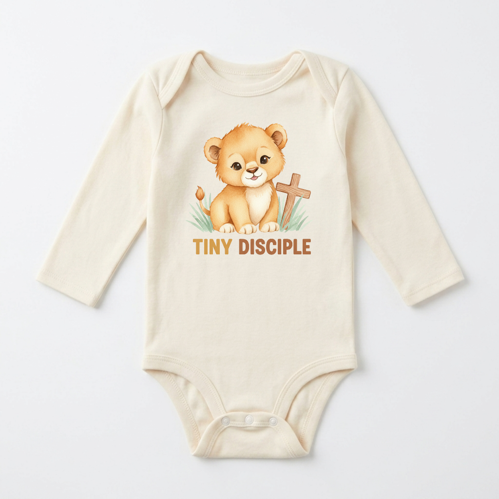 Long-Sleeve Christian Baby Onesie – Tiny Disciple Lion Bodysuit