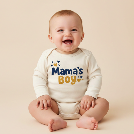 Long-Sleeve Mama’s Boy Baby Onesie – Hearts & Stars Bodysuit