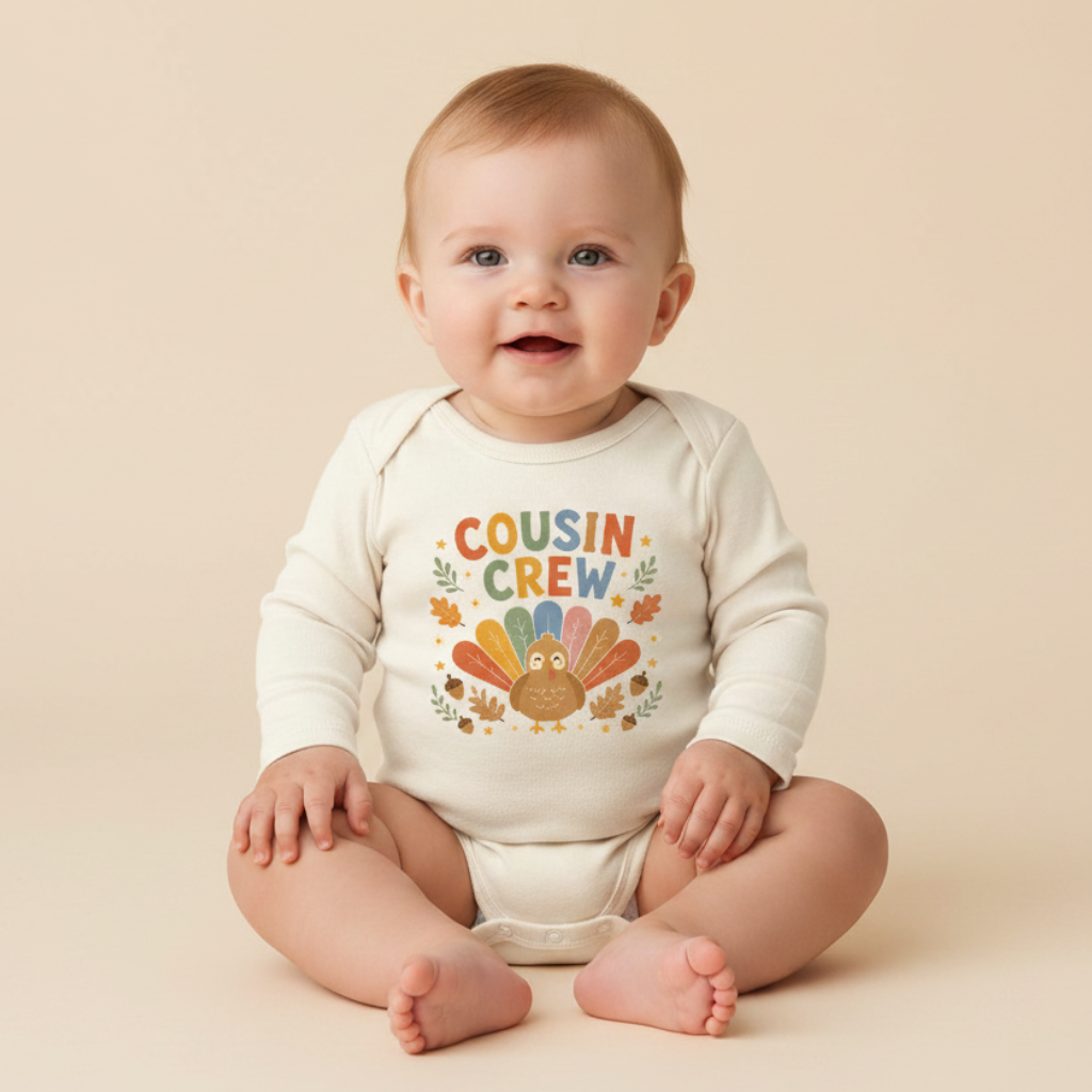 A smiling baby sits on a beige background, wearing the Toodleroos Long-Sleeve Thanksgiving Cousin Baby Onesie – Cousin Crew Turkey Bodysuit, featuring a colorful turkey graphic and “Cousin Crew” on the front—the perfect Thanksgiving outfit for your little one’s cousin crew ensemble.