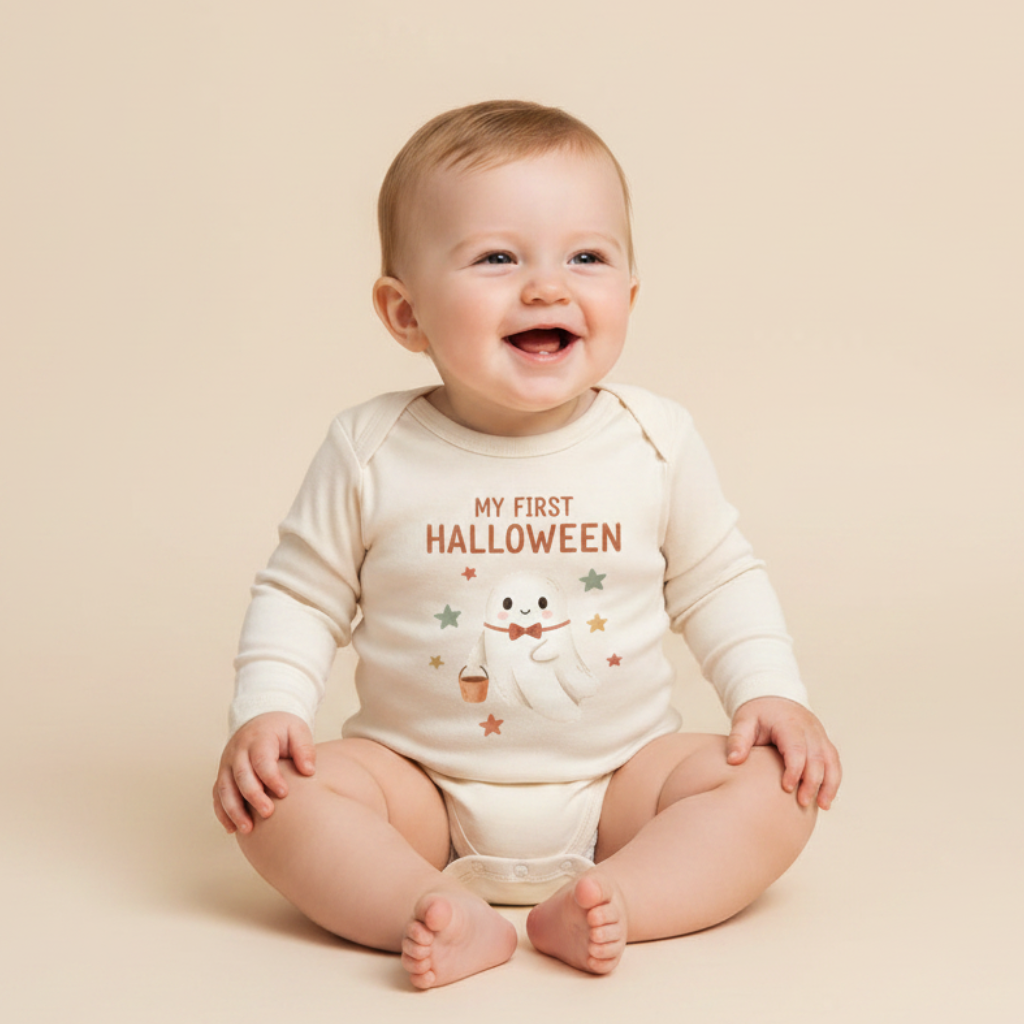 A smiling baby sits on the floor against a plain beige background, wearing the Toodleroos Long-Sleeve Baby’s First Halloween Onesie – Cute Ghost Bodysuit, a cream-colored outfit featuring a ghost, stars, and “My First Halloween” printed on the front.