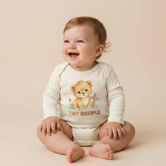 Long-Sleeve Christian Baby Onesie – Tiny Disciple Lion Bodysuit