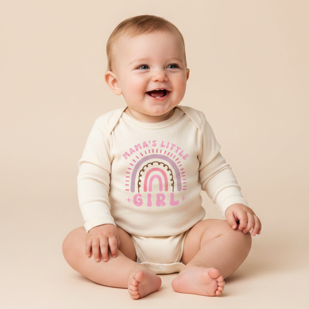 Long-Sleeve Baby Girl Onesie – Mama’s Little Girl Boho Rainbow Bodysuit