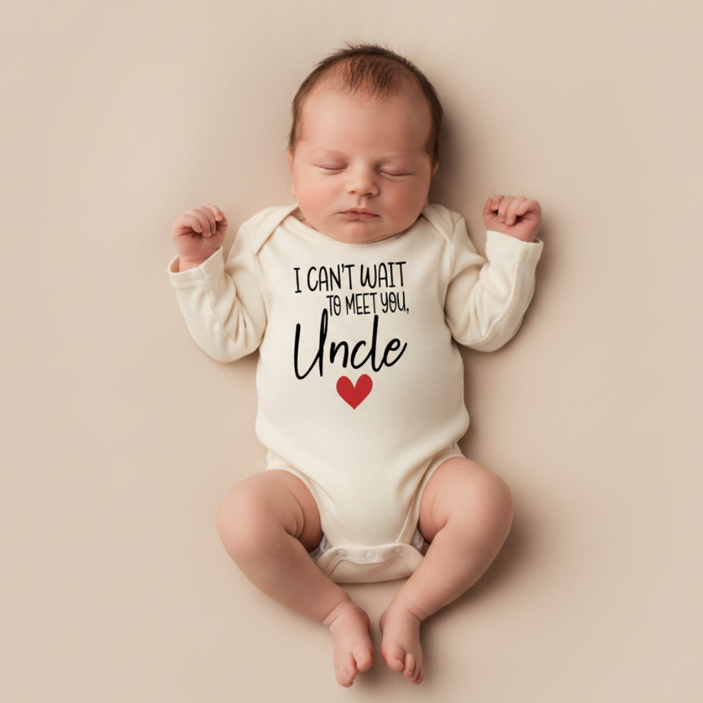 Long-Sleeve Uncle Pregnancy Announcement Baby Onesie – Can’t Wait to Meet You Bodysuit