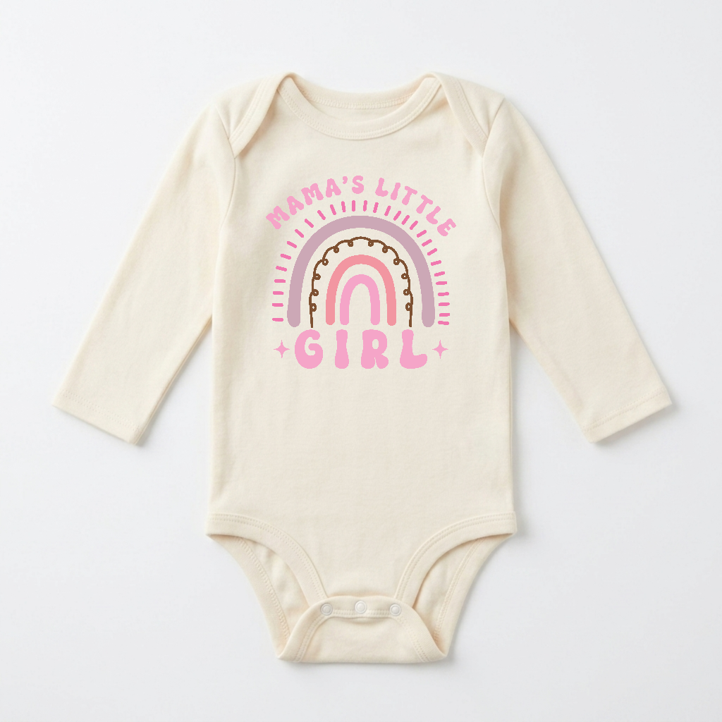 Long-Sleeve Baby Girl Onesie – Mama’s Little Girl Boho Rainbow Bodysuit