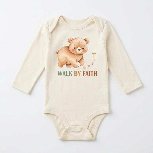 Long-Sleeve Christian Baby Onesie – Walk by Faith Bear Bodysuit