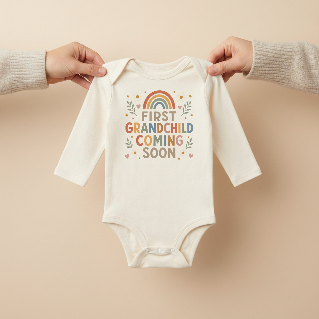 Two hands hold the Toodleroos Long-Sleeve First Grandchild Pregnancy Announcement Onesie – Coming Soon, a cream-colored baby bodysuit featuring a rainbow and the words “First Grandchild Coming Soon” on the front, set against a light beige background—making it the perfect way to announce your first grandchild.