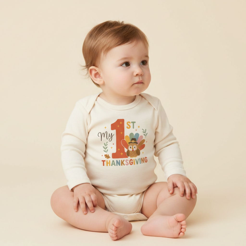 A baby sits on the floor wearing the Toodleroos Long-Sleeve Baby’s First Thanksgiving Onesie – My 1st Thanksgiving Turkey, featuring a turkey and “My 1st Thanksgiving” text, against a plain beige background.